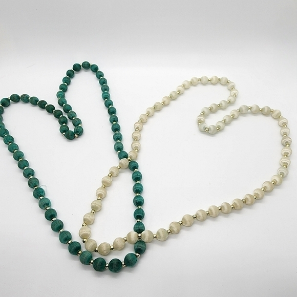 Vintage lot of 2 silk wrapped bead necklaces cream & Turquoise over the head - Picture 1 of 12